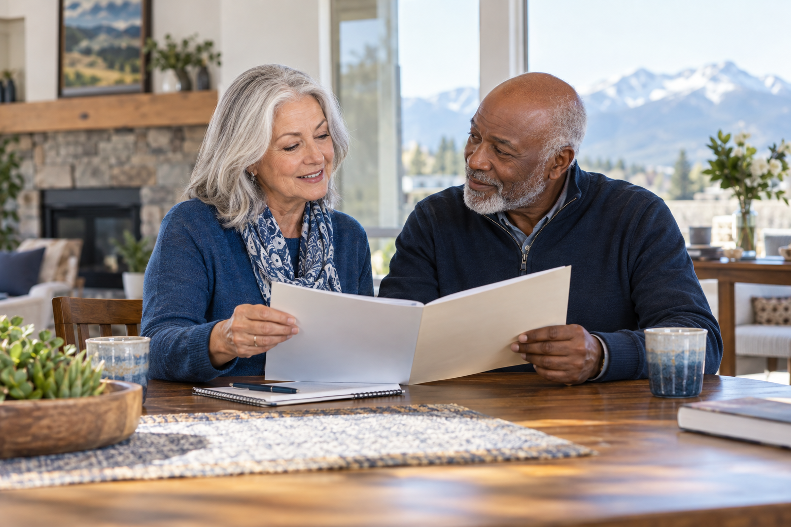 A senior couple reviewing information together at home